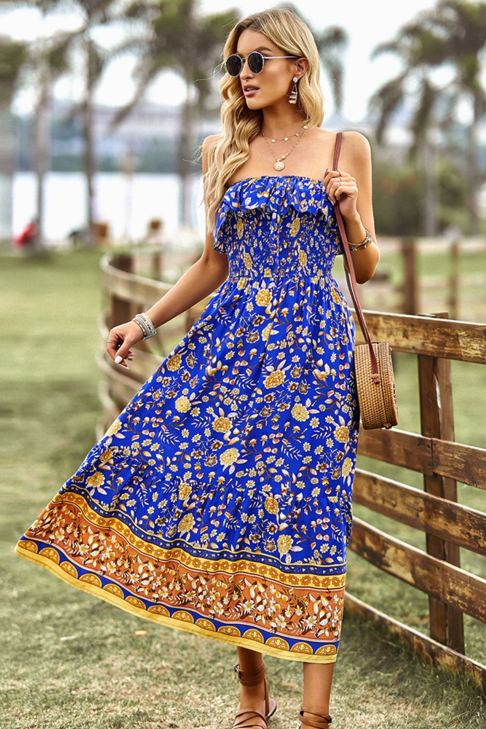 Tropic Pacific Bohemian Strapless Slit Midi Dress