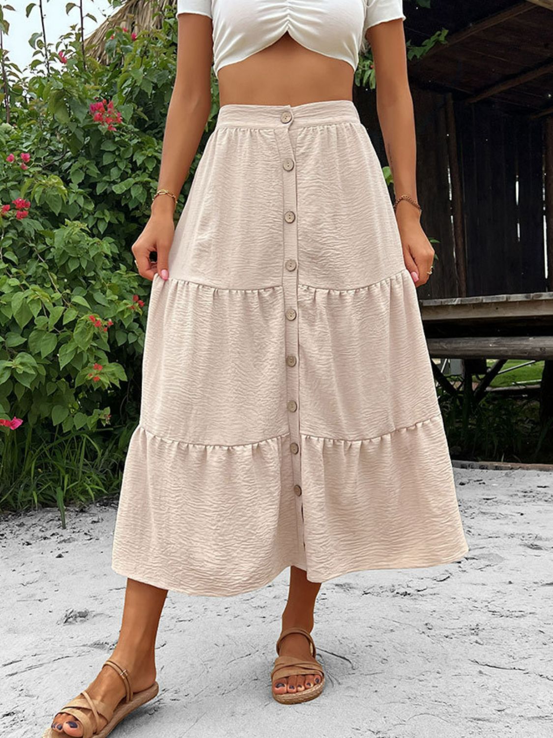 Tropic Pacific Button Down Tiered Midi Skirt
