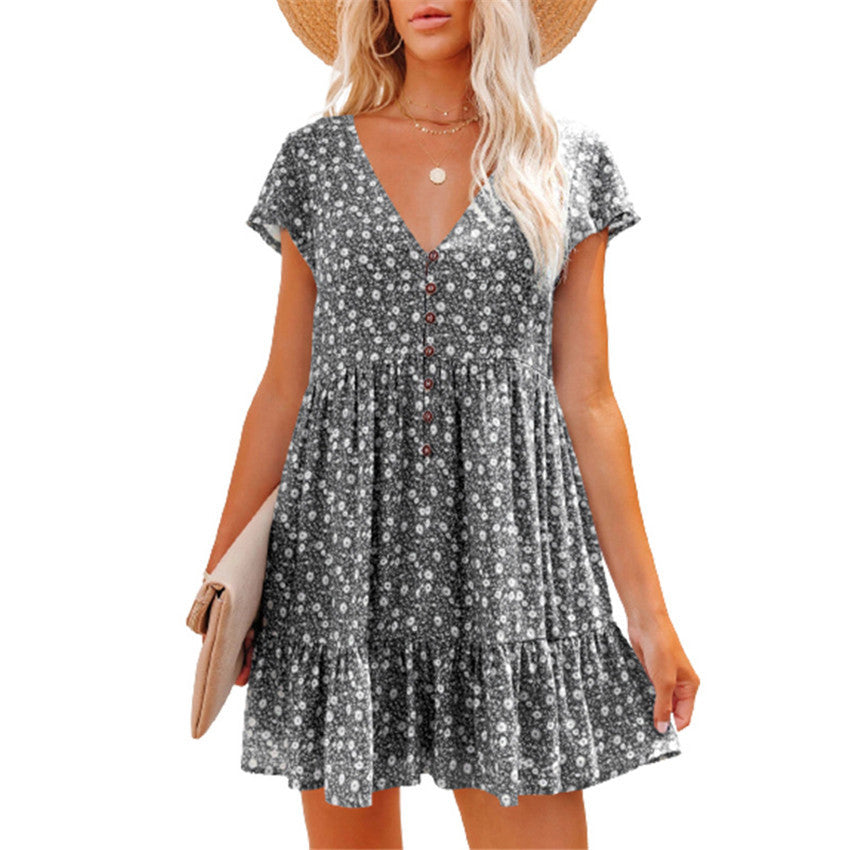 Tropic Pacific Printed V-Neck Buttoned Short Sleeve Mini Dress