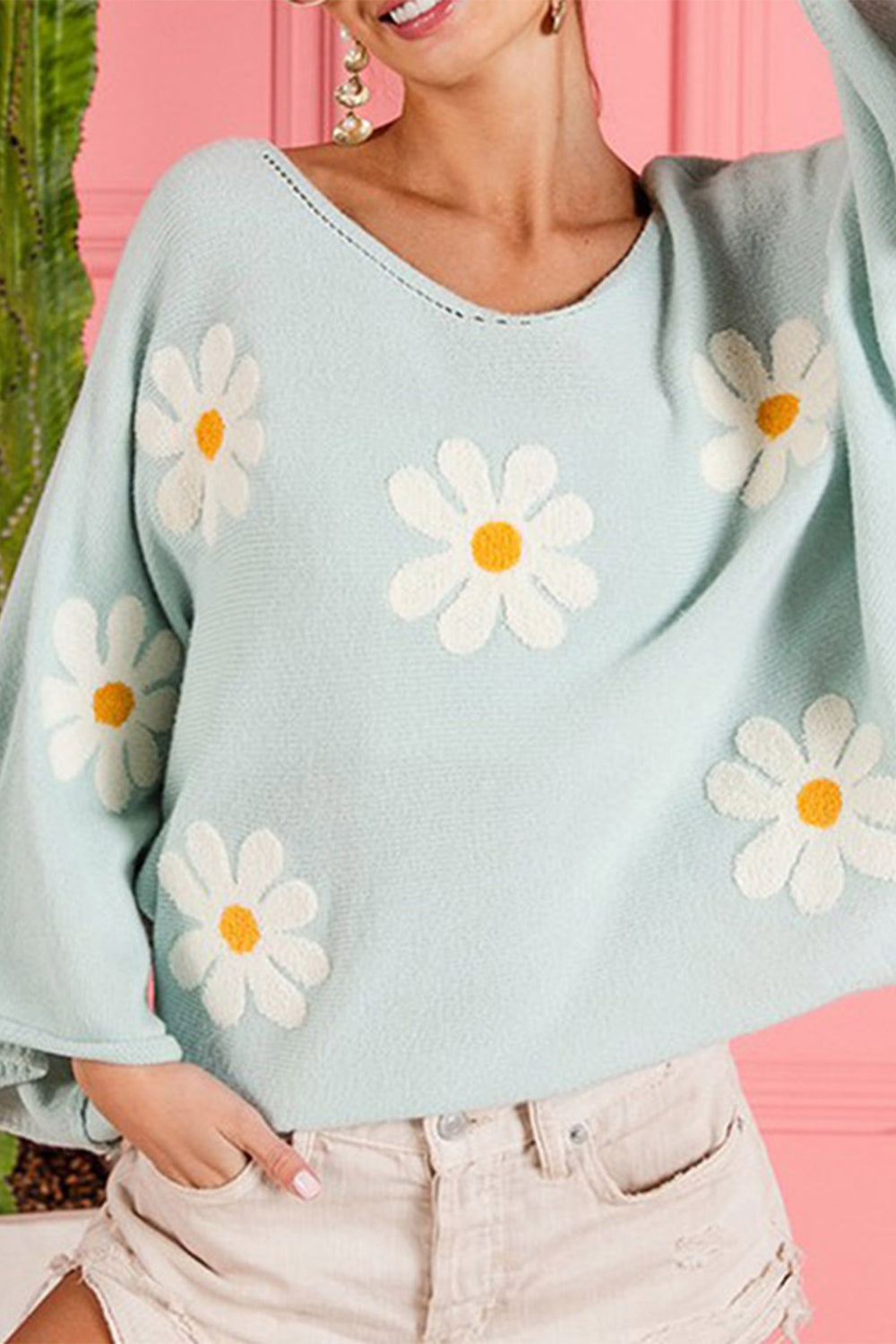 Tropic Pacific Flower Pattern Long Sleeve Sweater