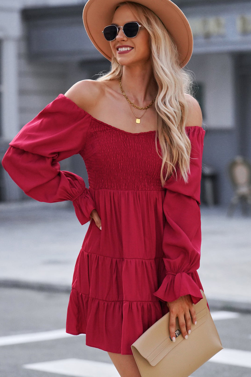 Tropic Pacific Smocked Off-Shoulder Tiered Mini Dress
