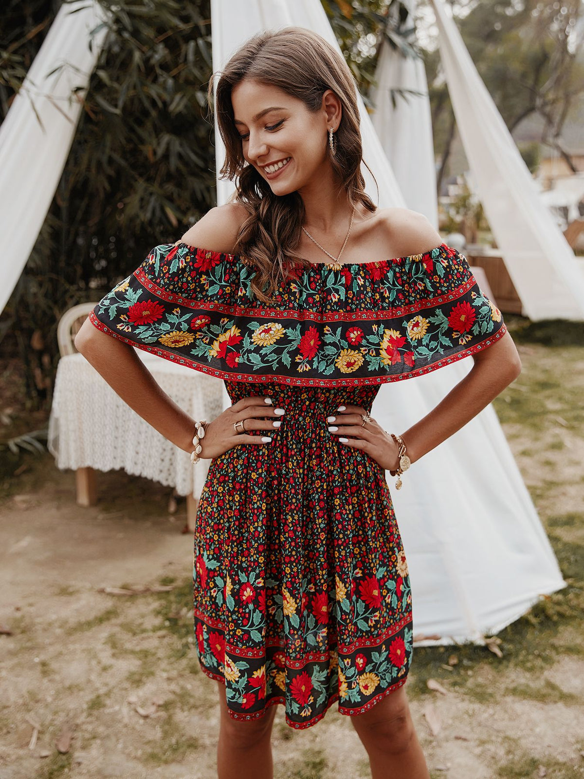 Tropic Pacific Bohemian Print Off-Shoulder Strapless Knee Length Dress