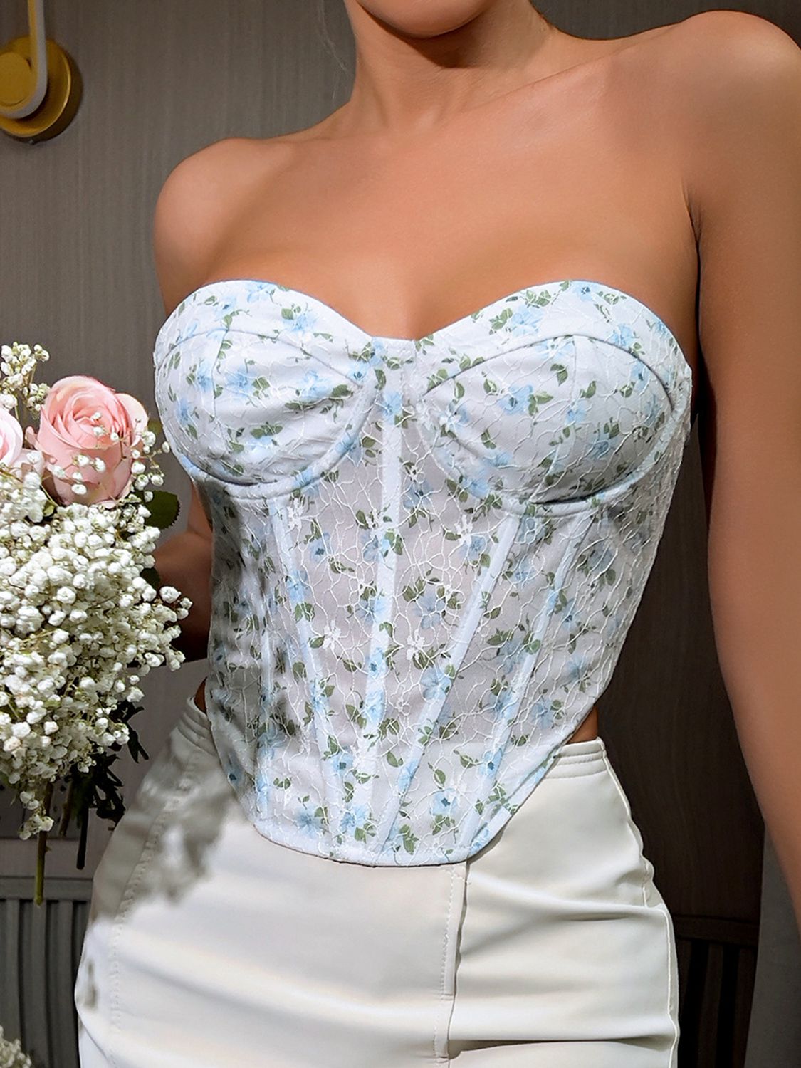 Tropic Pacific Floral Lace-Up Strapless Bustier