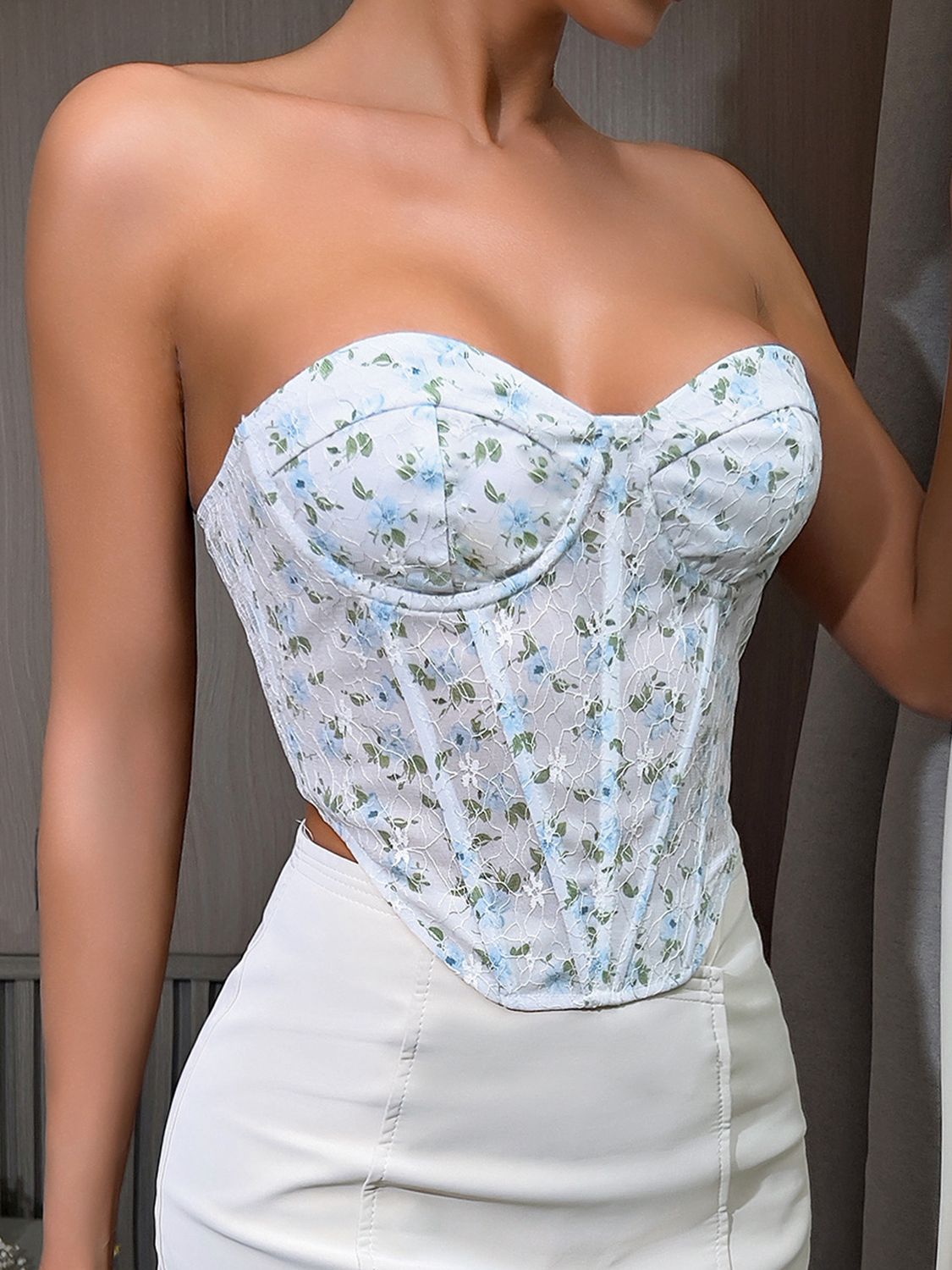 Tropic Pacific Floral Lace-Up Strapless Bustier