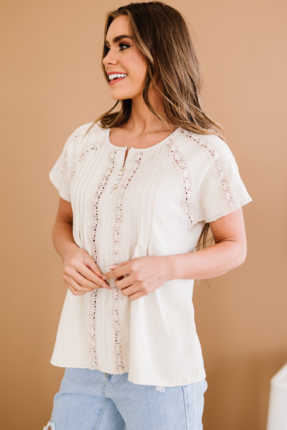 Tropic Pacific Crochet Eyelet Buttoned Short Sleeves Top