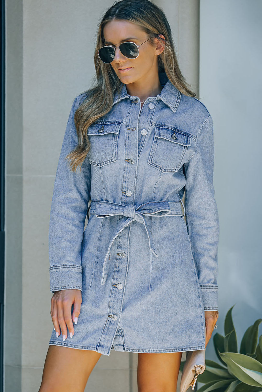 Tropic Pacific Button Down Collared Neck Belted Denim Dress