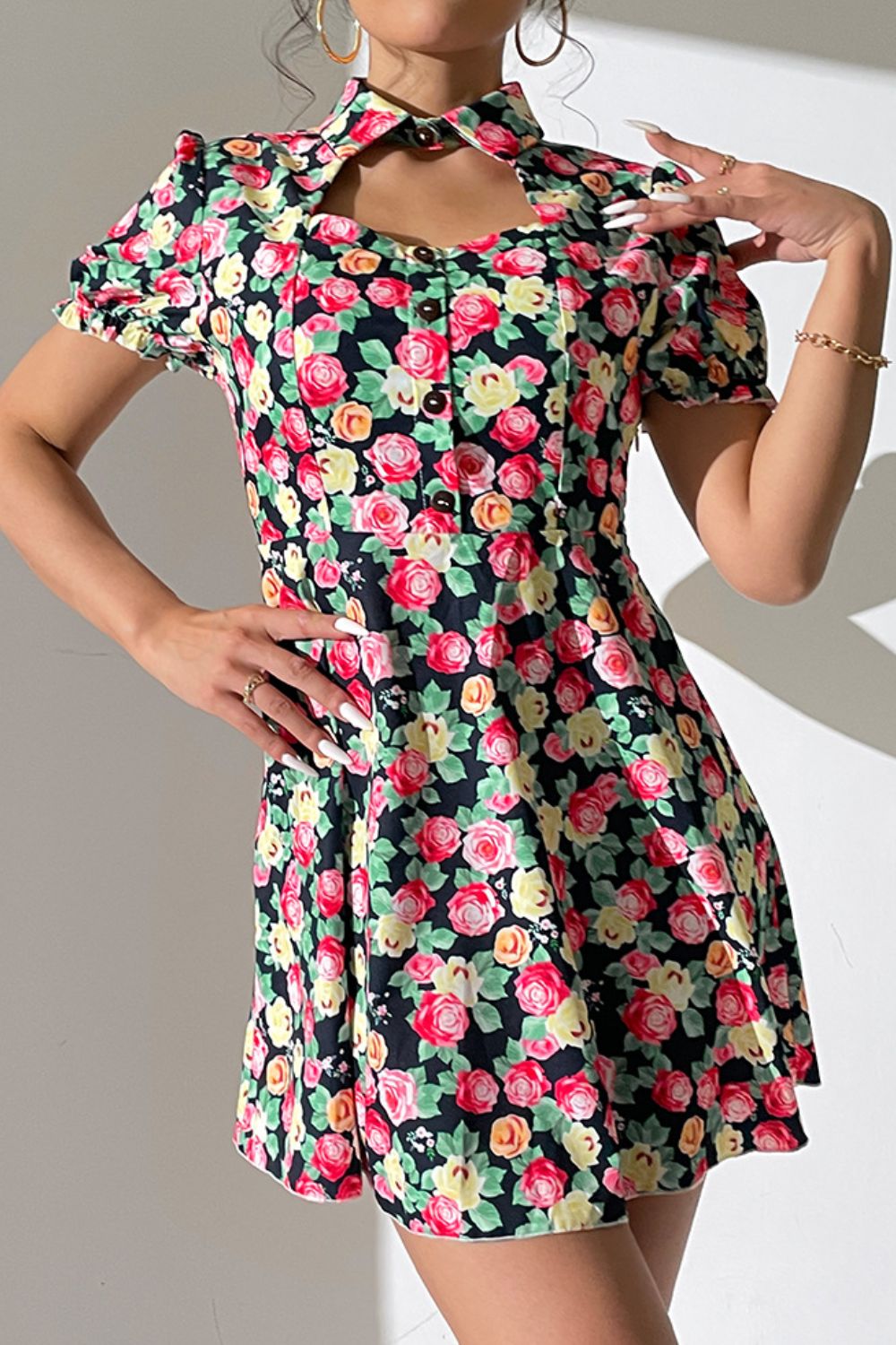 Tropic Pacific Floral Buttoned Cutout Puff Sleeve Dress