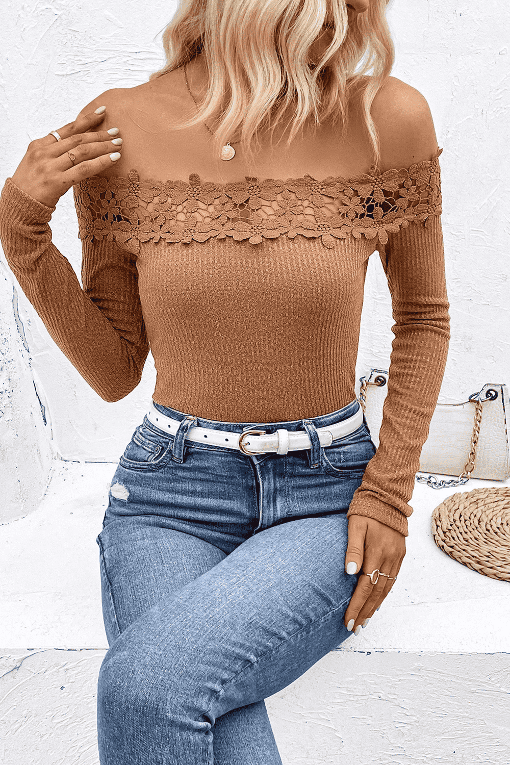 Tropic Pacific Off-Shoulder Lace Trim Ribbed Tee